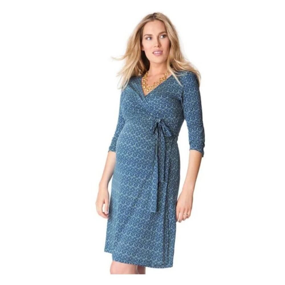 Seraphine Maternity Blue Geometric Wrap Dress 3/4 Sleeve US 6